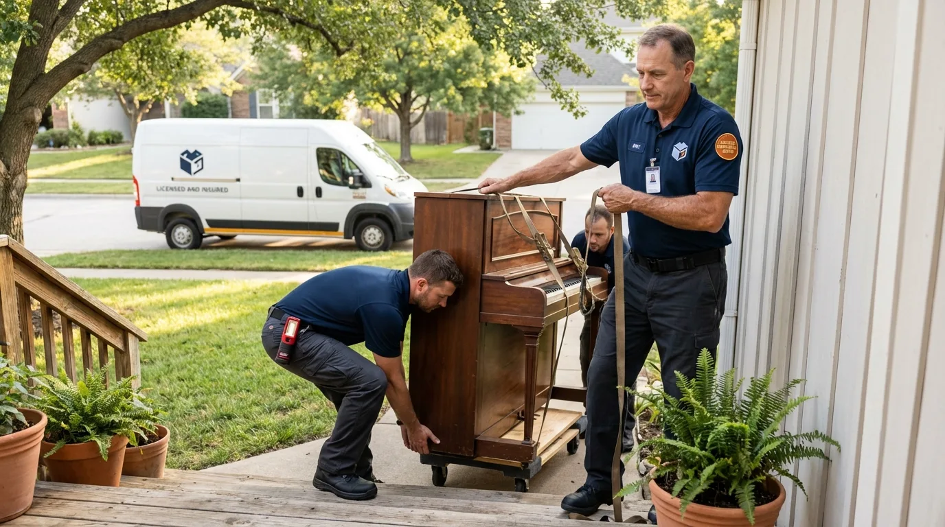 Licensed piano movers securing grand piano in Earlham, IA