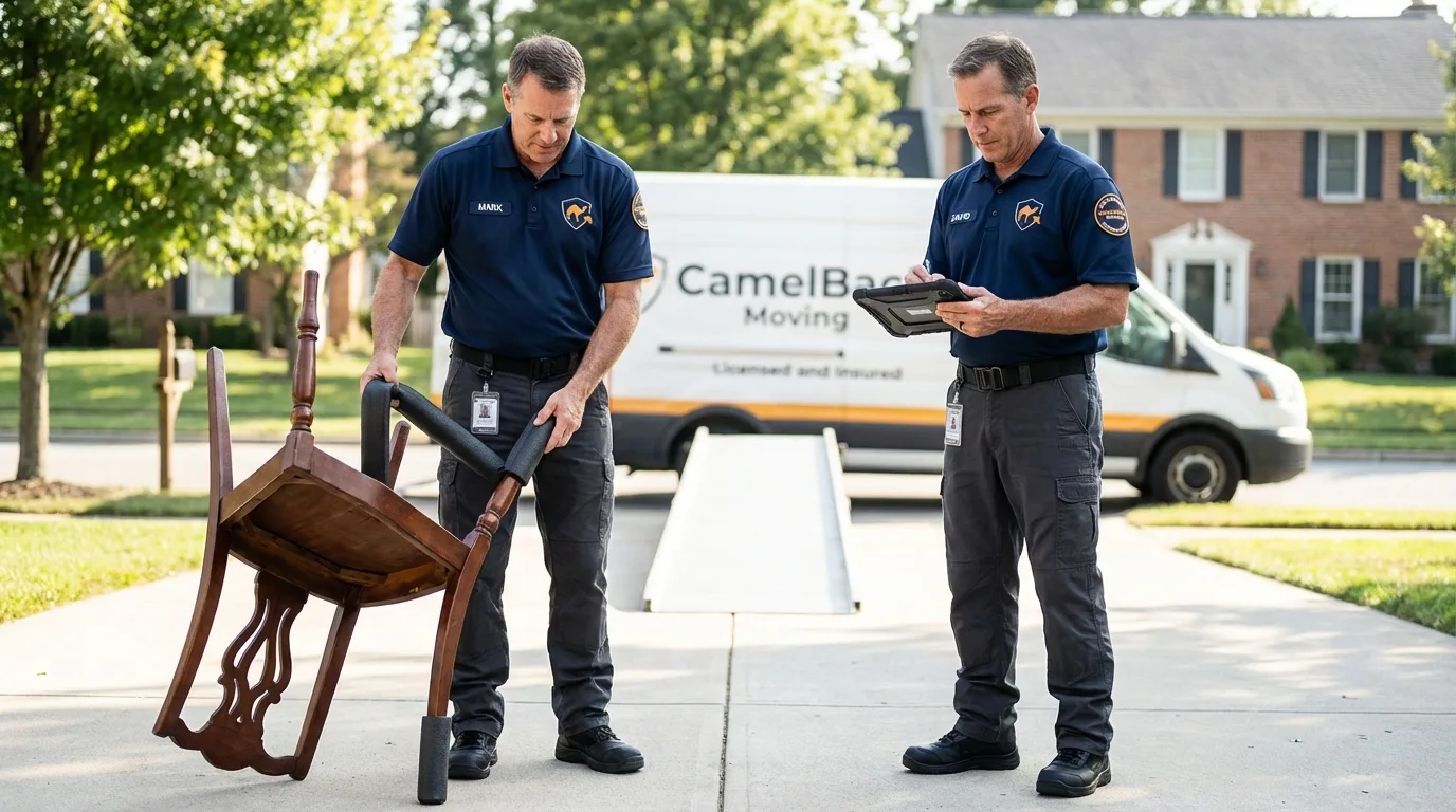 Movers inspecting furniture for damage prevention before loading in Earlham, IA